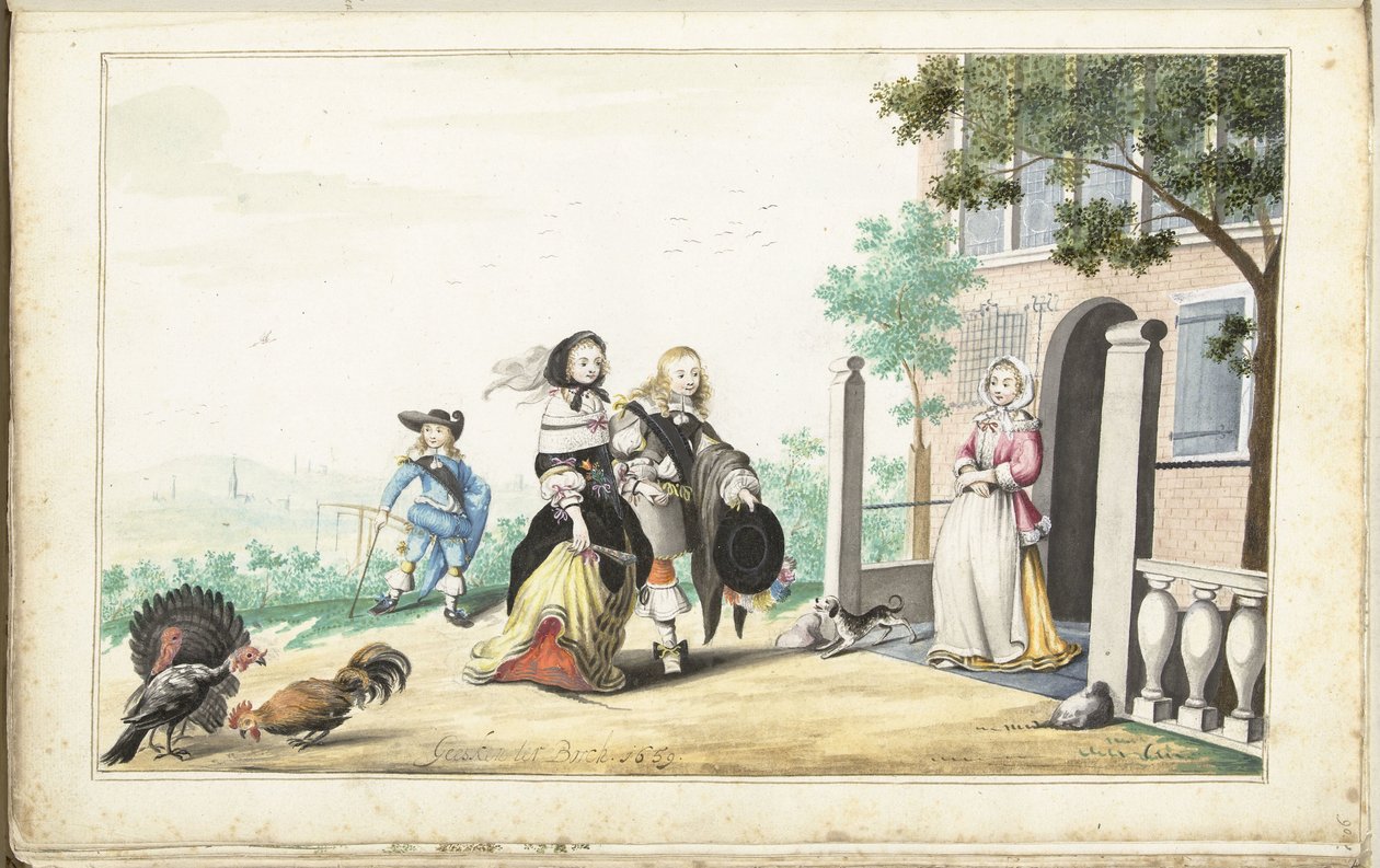 Pareja saluda a una señora en la puerta de una casa de campo de Gesina ter Borch (signed by artist)