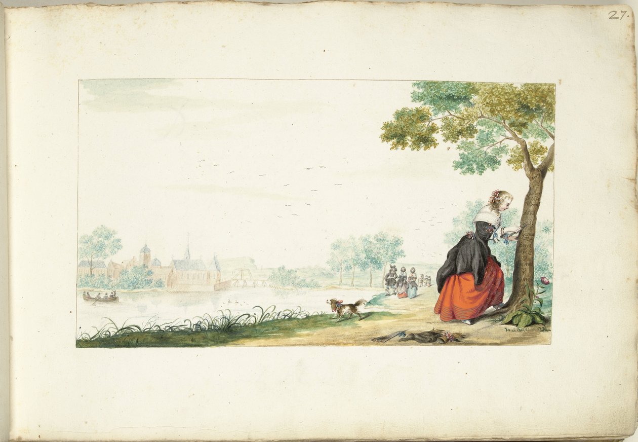 Mujer grabando nombres en un árbol de Gesina ter Borch (signed by artist)
