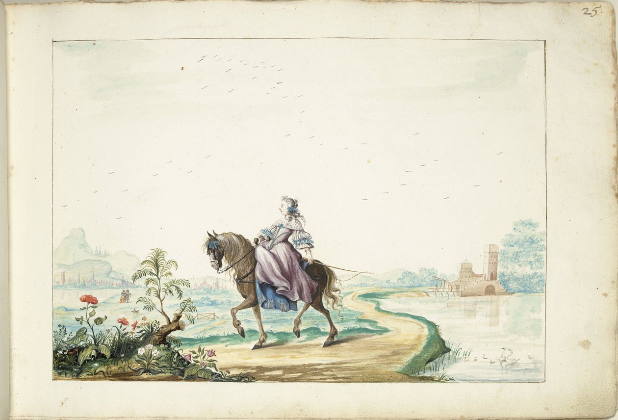 Mujer a caballo en un paisaje de Gesina ter Borch (signed by artist)