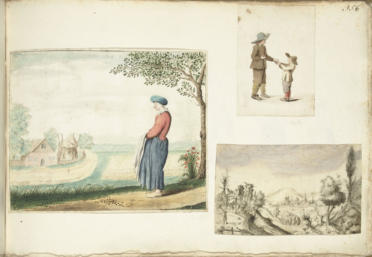 La esposa del granjero, los niños con manzanas y un paisaje montañoso de Gesina ter Borch