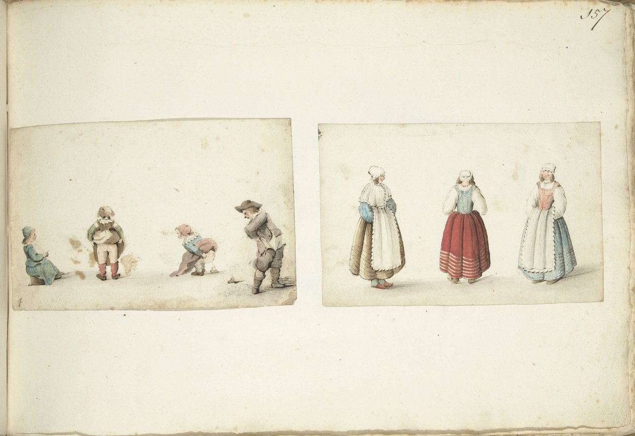 Cuatro niños haciendo sus negocios y tres mujeres de pie de Gesina ter Borch
