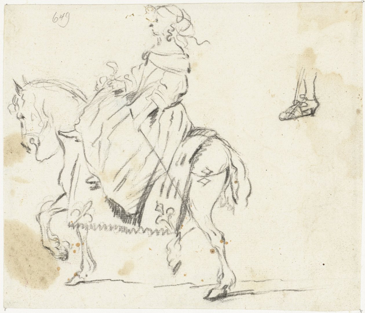Mujer a caballo, vista de lado, con un boceto de la parte inferior de la pierna y el pie de Gesina ter Borch