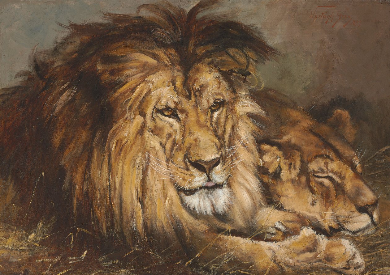 Boceto para "León y leona descansando", 1899 de Geza Vastagh