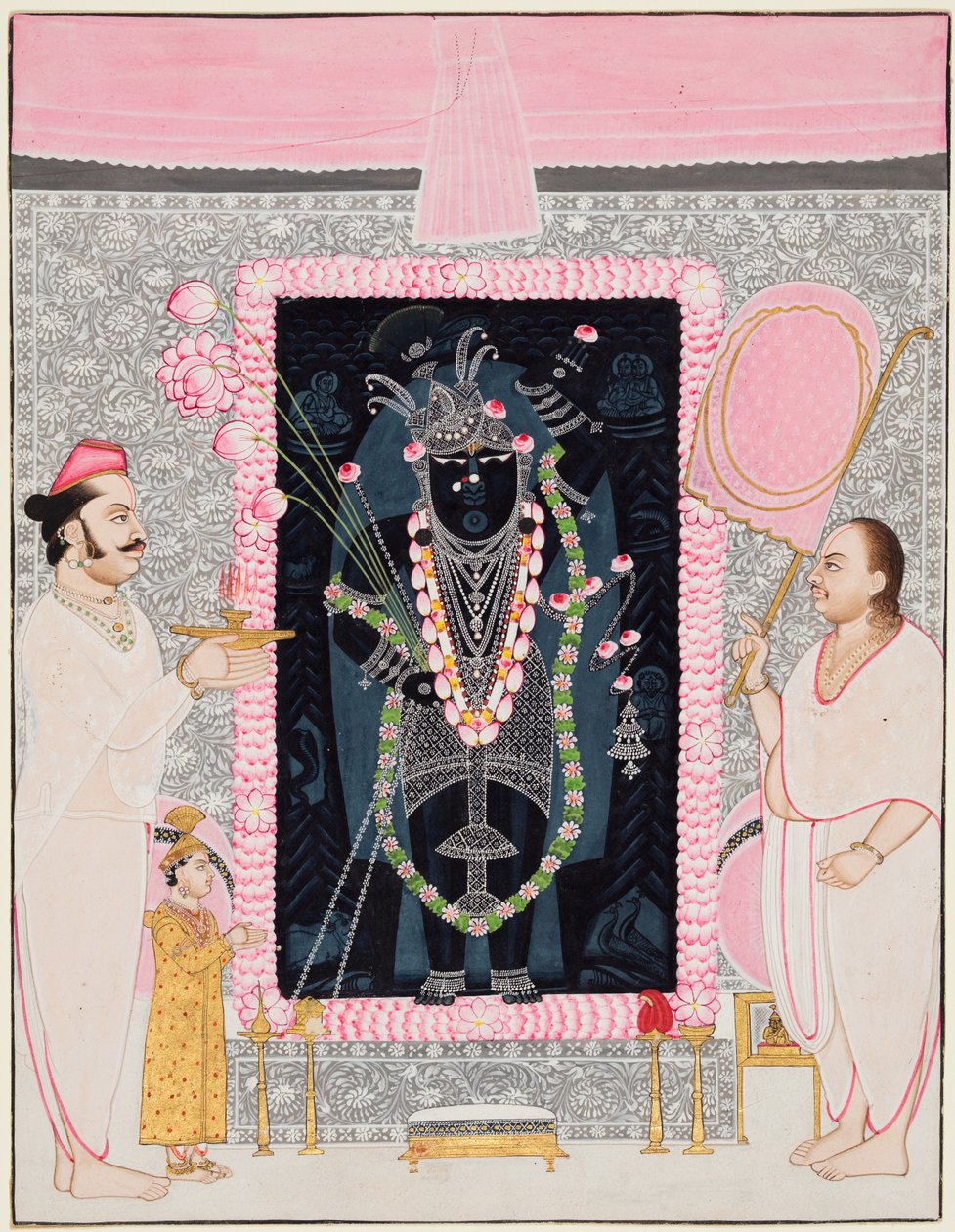 El sumo sacerdote Tilakayat Govardhanlalji hace ofrendas a Shri Nathji en celebración..., c. 1890 de Ghasiram Hardev Sharma