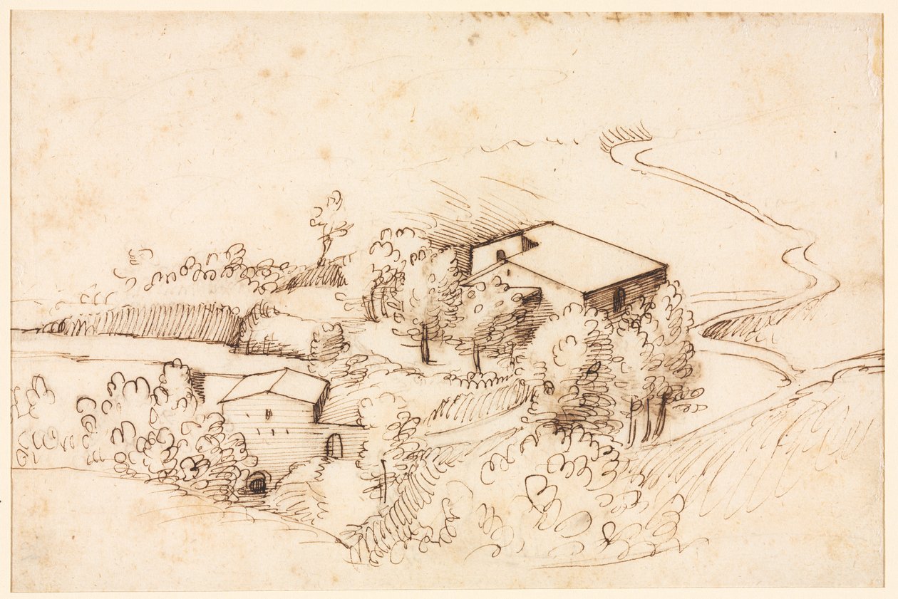 Granja con Árboles en un Paisaje Ondulado de Gherardo Cibo