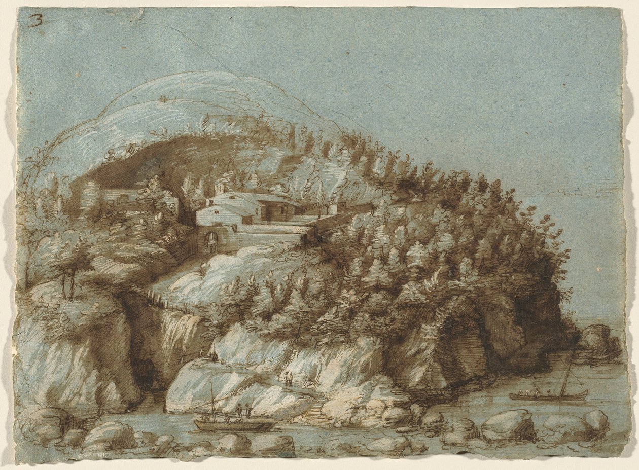 Paisaje montañoso con barcos de Gherardo Cibo