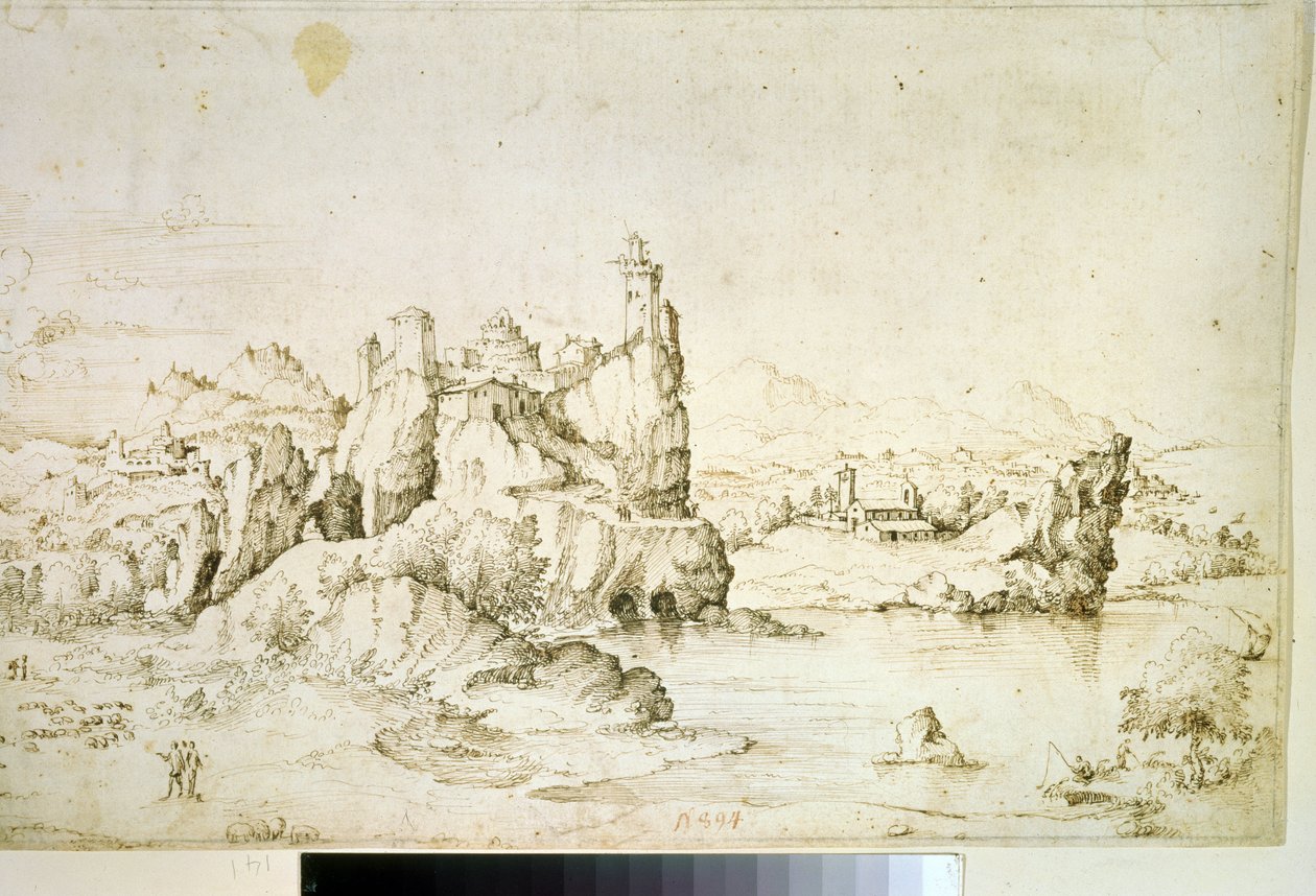 ""Un chateau perche sur une montagne"" (Un castillo sobre una roca en Mountainscape) Dibujo en tinta marrón de Gherardo Cibo (1512-1600) 1540 Museo Pushkin, Moscú de Gherardo Cibo