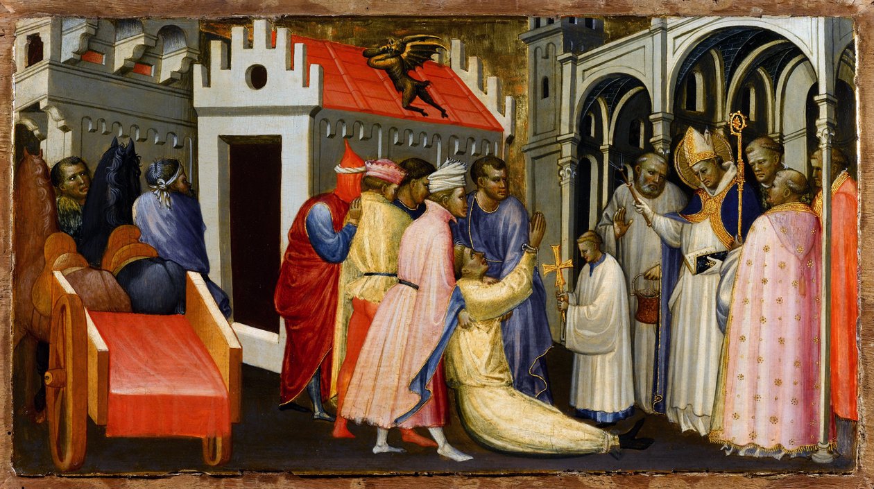 San Hugo de Lincoln exorciza a un hombre poseído por el diablo - Pintura de Gherardo Starnina (c. 1364-1413) - 1404-1407 de Gherardo Starnina