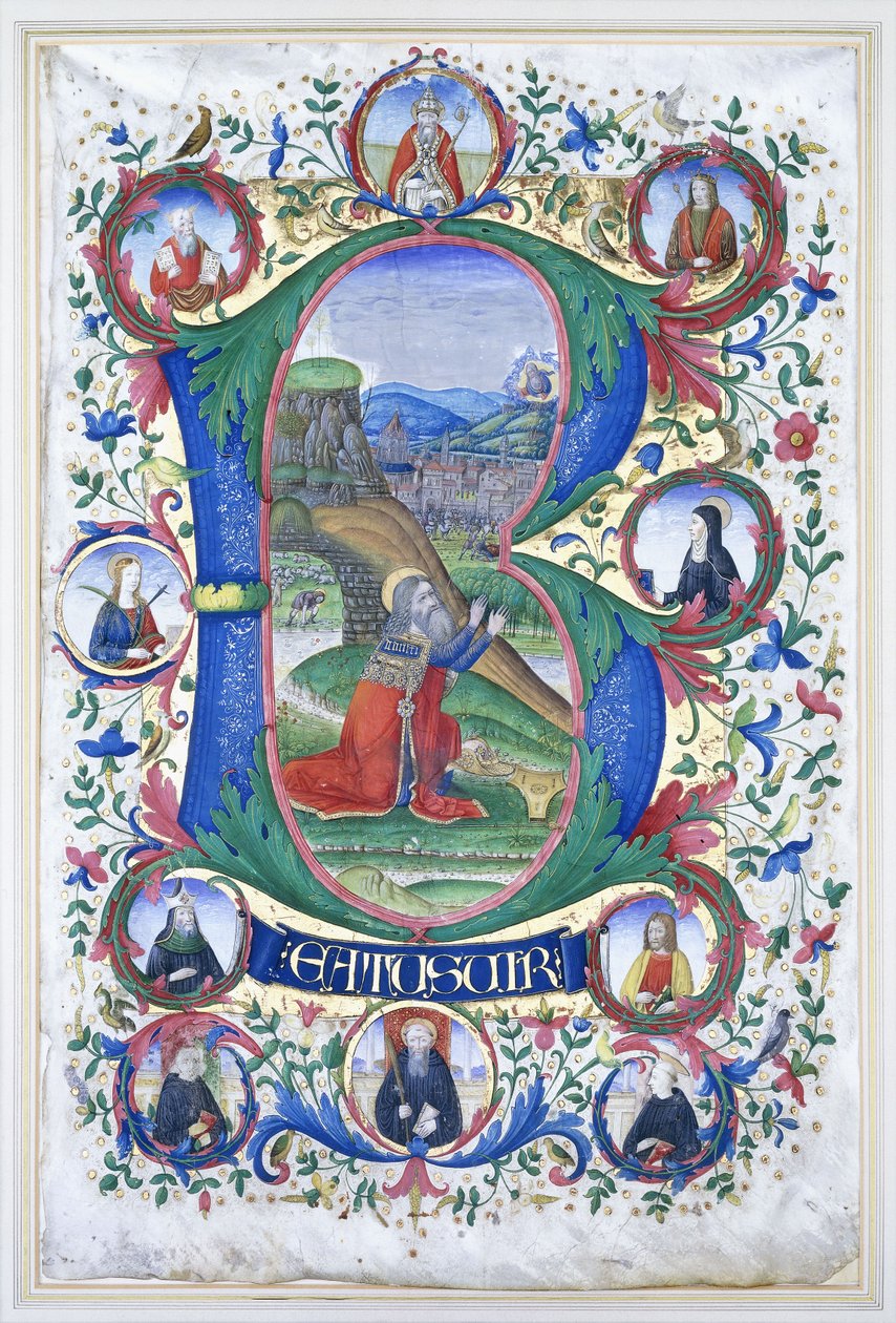 El rey David en oración dentro de una inicial muy grande "B", el entorno con diez grandes medallones cada uno conteniendo el retrato de un santo, c.1500 de Gherardo di Giovanni del Fora