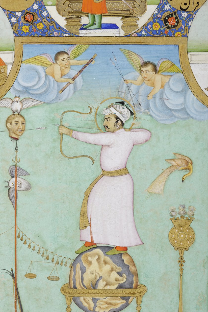 Detalle del retrato alegórico de Jahangir (acuarela opaca y oro sobre papel) de Ghulam Ali Khan
