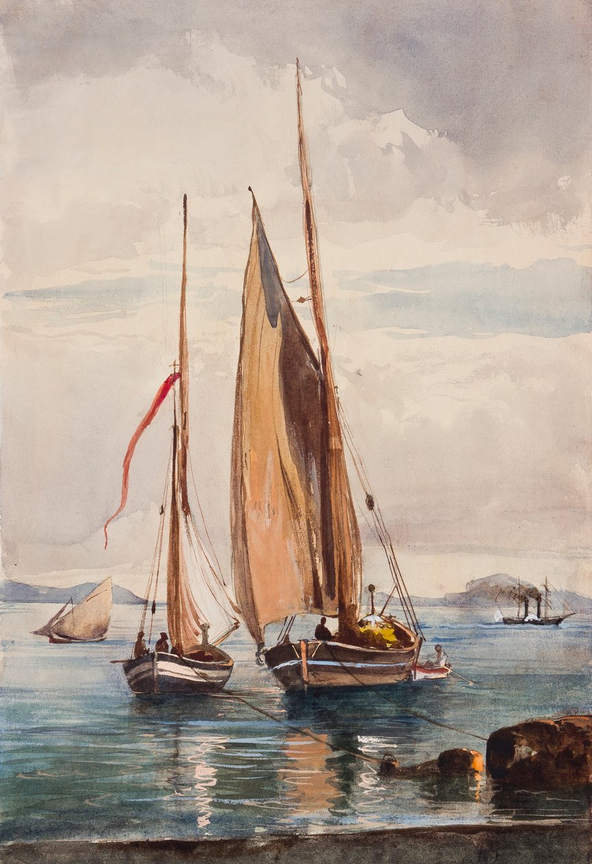 Barcos de pesca y barco de vapor, con adiciones del Príncipe Alfonso María di Borbone (1841-1934) de Giacinto Gigante