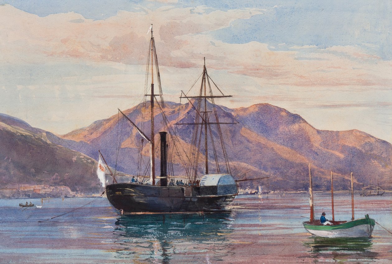 Gaeta: una fragata de vapor, posiblemente el barco real Delfino o Archimede con la bandera Borbone, con adiciones de un alumno de Borbone, posiblemente la Princesa Maria Annunziata di Borbone (1843-1871) de Giacinto Gigante