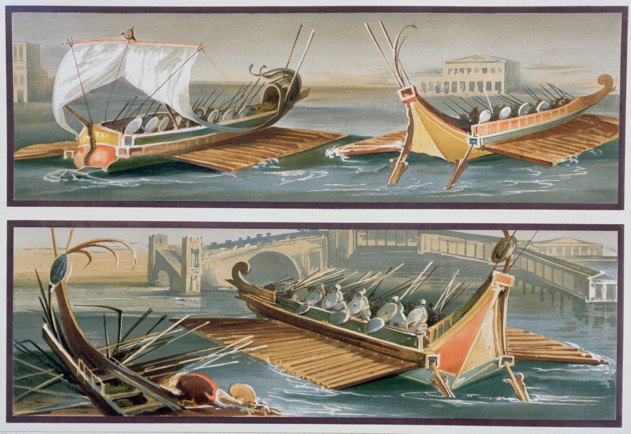 Barcos romanos de vela y remo, después de frescos en el Templo de Isis en Pompeya de Giacinto Gigante