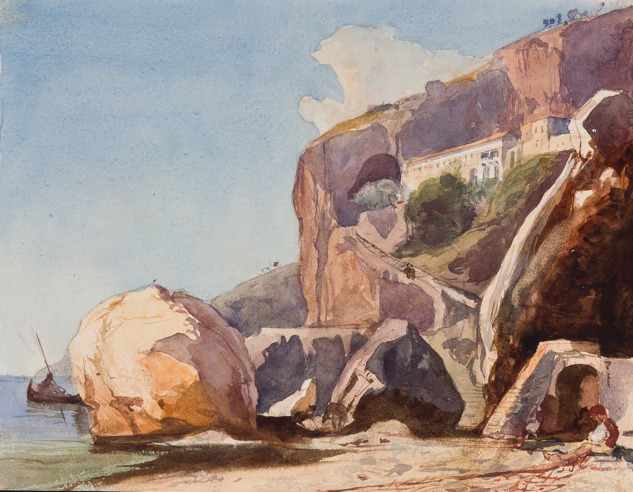 El Monasterio de los Capuchinos en Amalfi desde la playa, con adiciones de un alumno de Borbone de Giacinto Gigante