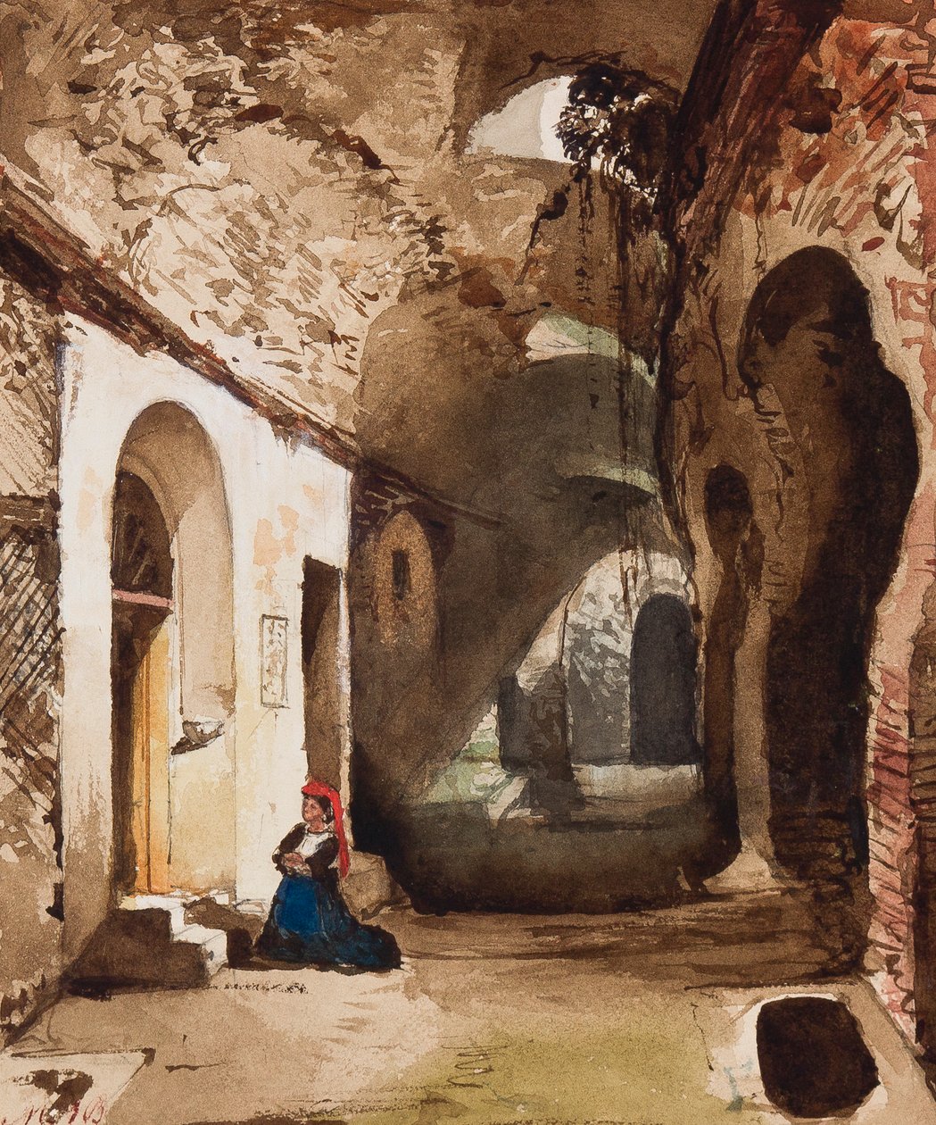 Mujer rezando en un santuario abovedado en el anfiteatro de Pozzuoli, con adiciones de la Princesa Maria Annunziata di Borbone (1843-1871) de Giacinto Gigante