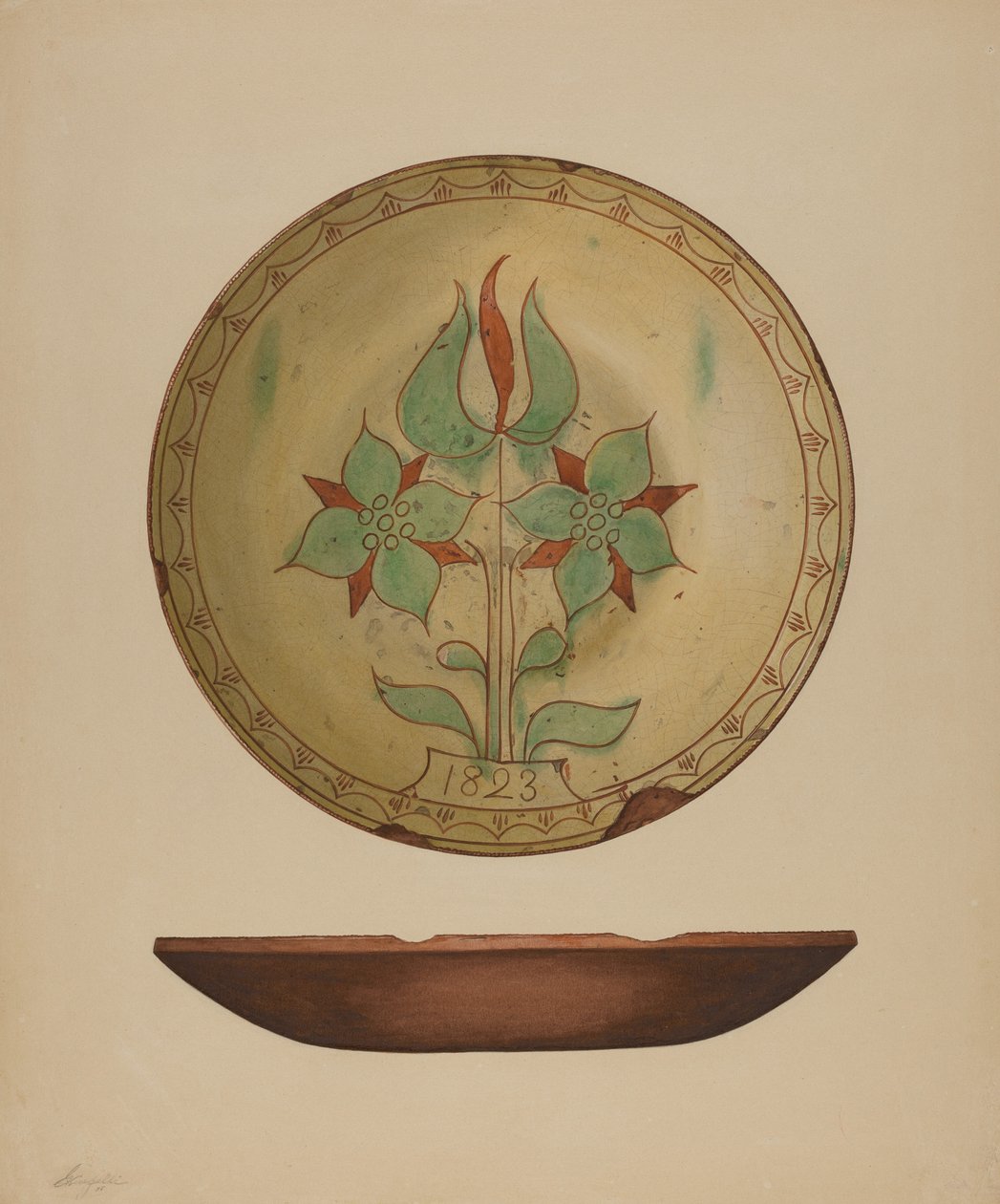 Plato con tulipán y dos flores, 1938 de Giacinto Capelli