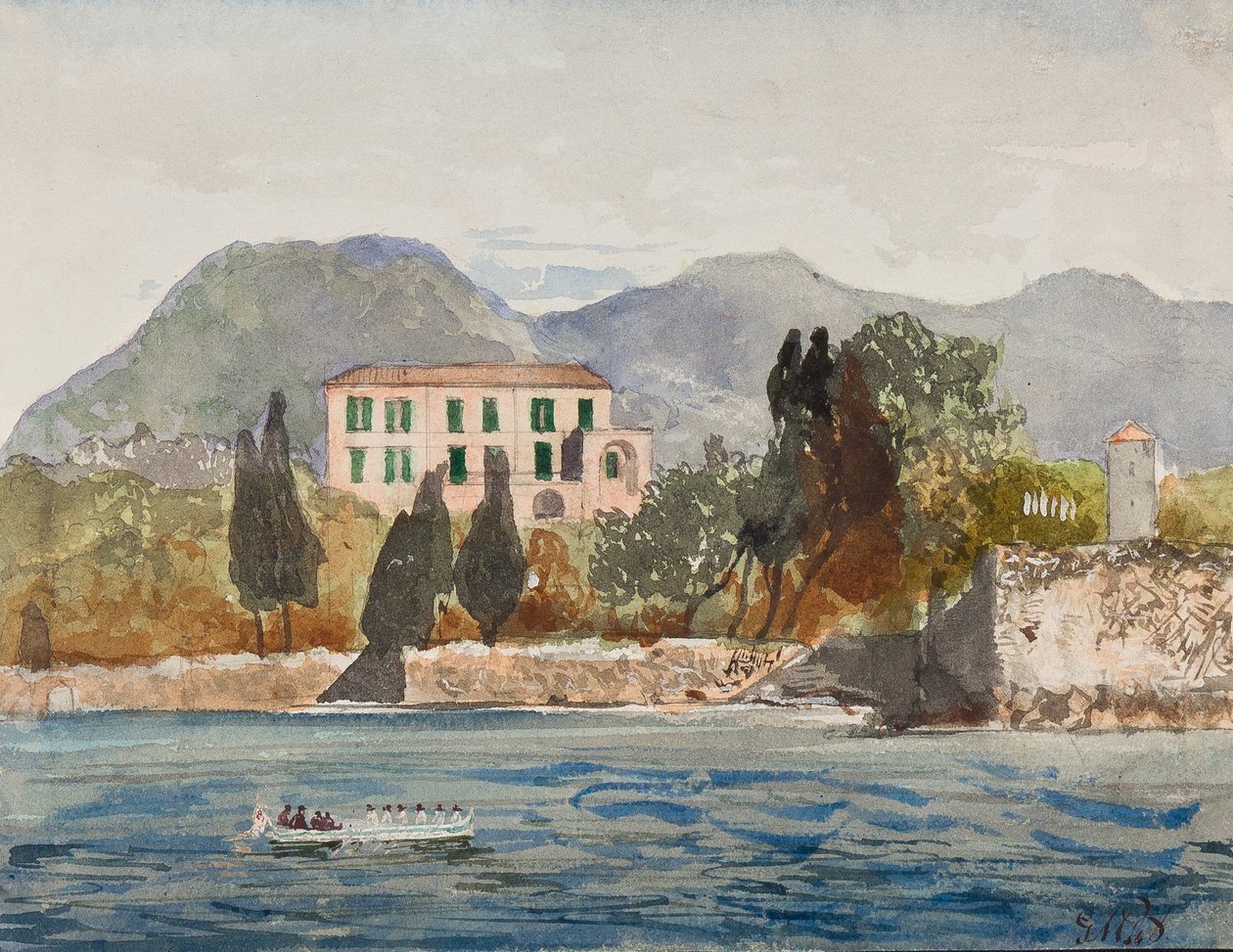 Barcaza de remo con la bandera Borbón acercándose a una gran casa en la costa napolitana, con adiciones del Príncipe Gaetano Maria Federico di Borbone (1846-1871) de Giacinto Gigante