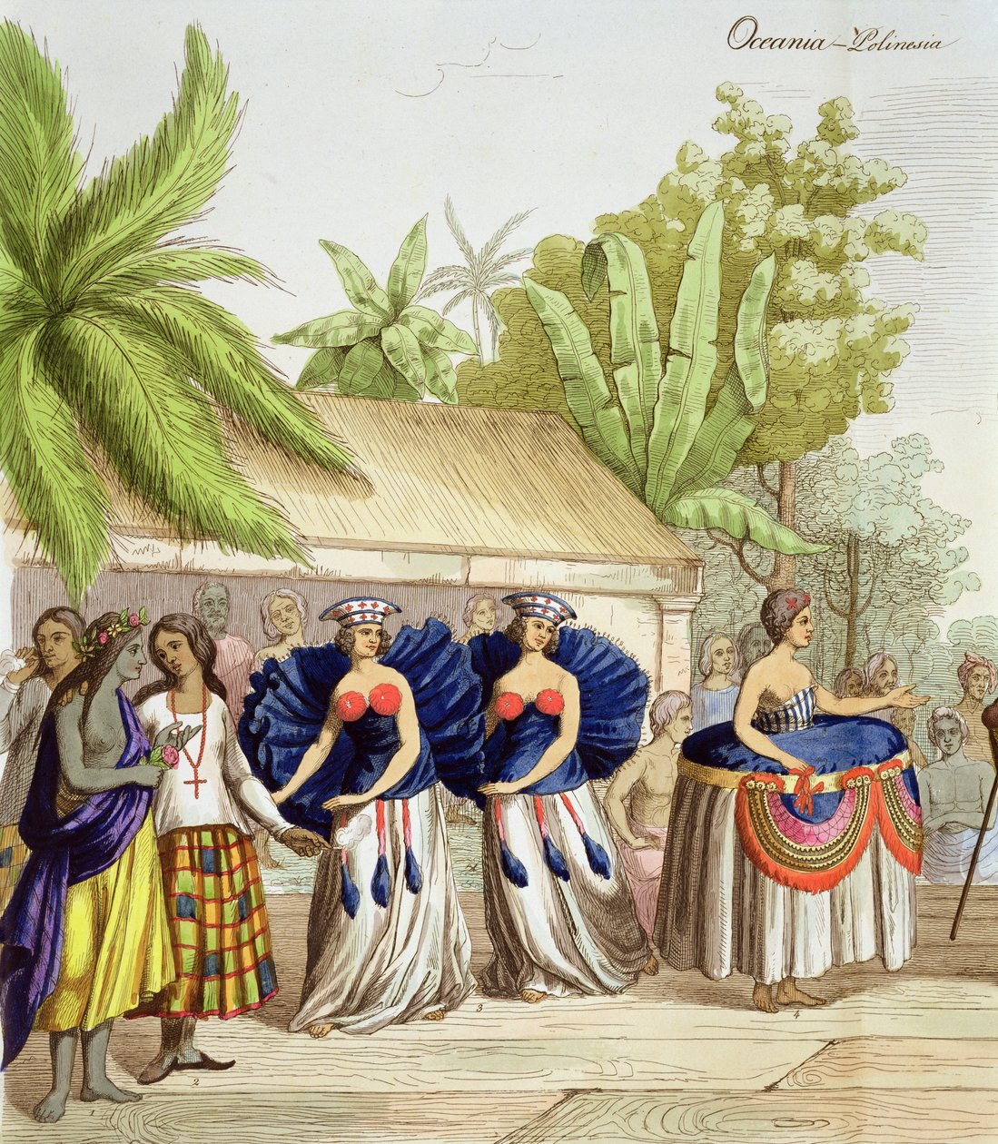 Chicas polinesias bailando, grabado por A. Bernati de Giacomo Casa