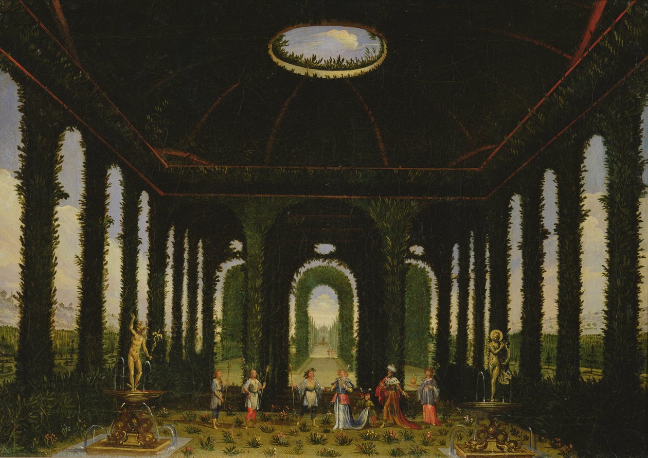 Acto III, escenas XI y XIII: jardín en forma de pabellón de Giacomo Torelli