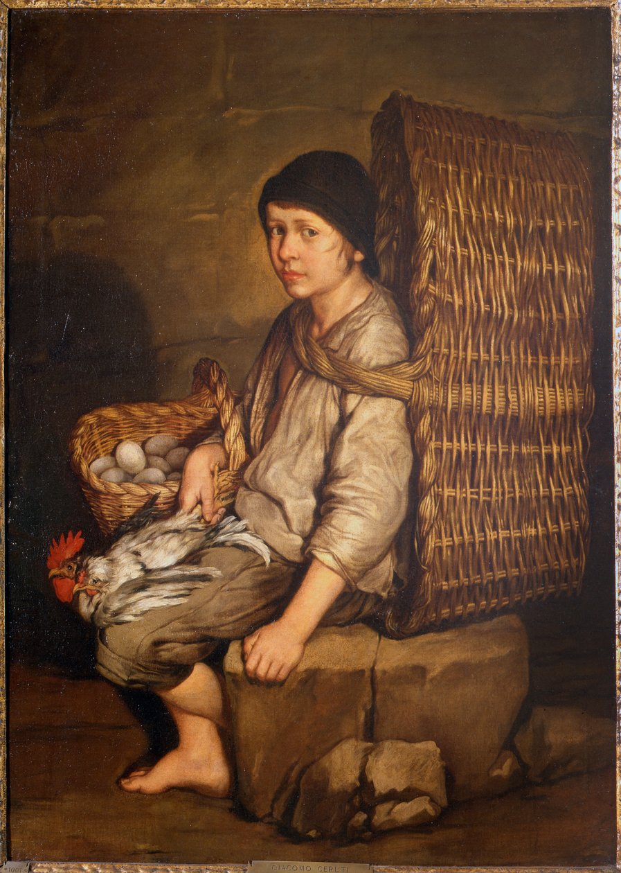 Muchacho de los recados sentado con una cesta en la espalda, huevos y aves, c.1735 de Giacomo Ceruti