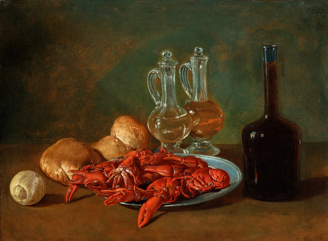 Naturaleza muerta con plato de peltre, camarones, un limón, frascos de vidrio, pan y una botella de vino de Giacomo Ceruti