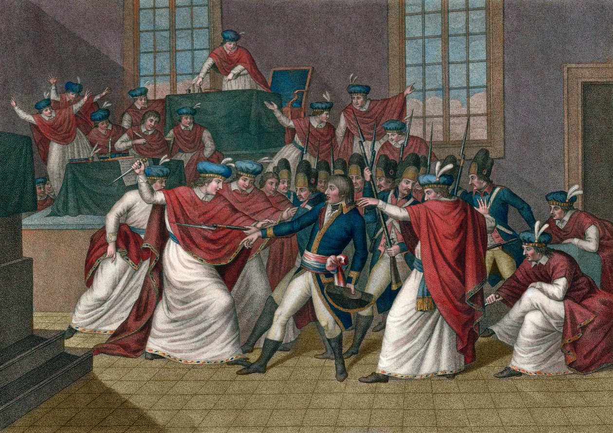 El Golpe de Estado del 18 Brumario (9 de noviembre de 1799). Napoleón Bonparte (1769-1821) derroca al Directorio y se convierte en Primer Cónsul - Golpe de Estado de brumaire an VIII - Le 19 brumaire año VIII (10 de noviembre de 1799), Bonaparte disuelve e de Giacomo Aliprandi