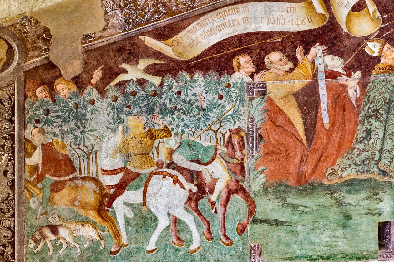 La Muerte de pie sobre un sarcófago donde yacen el Papa y el Emperador muertos, detalle del Triunfo de la Muerte y la Danza de la Muerte de Giacomo Borlone de Buschis