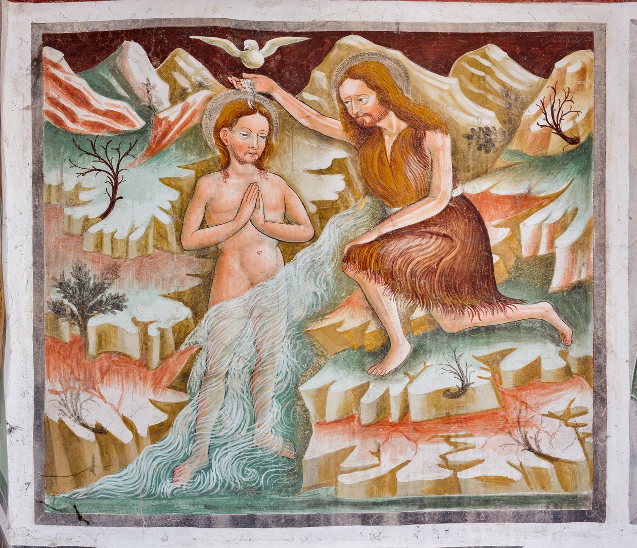 San Juan Bautista bautizando a Jesús en el río Jordán, detalle de la Vida de Jesús de Giacomo Borlone de Buschis