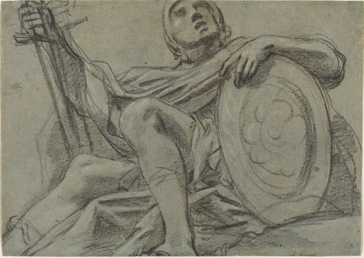 Guerrero sentado con una espada y un escudo (recto) de Giacomo Cavedone