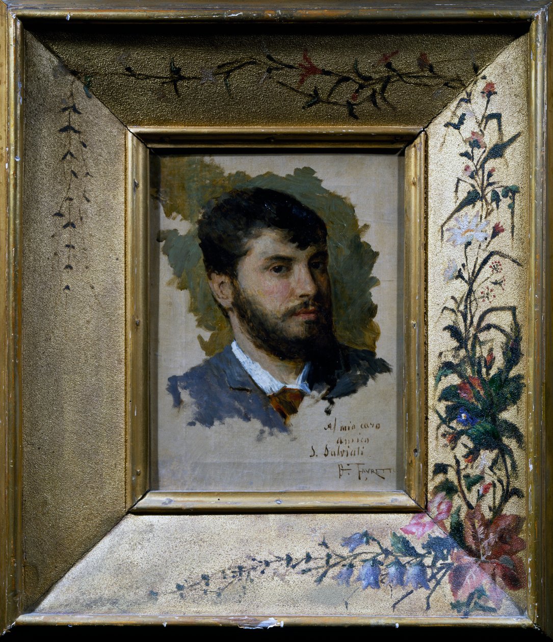 Autorretrato con marco pintado con motivo floral de Giacomo Favretto