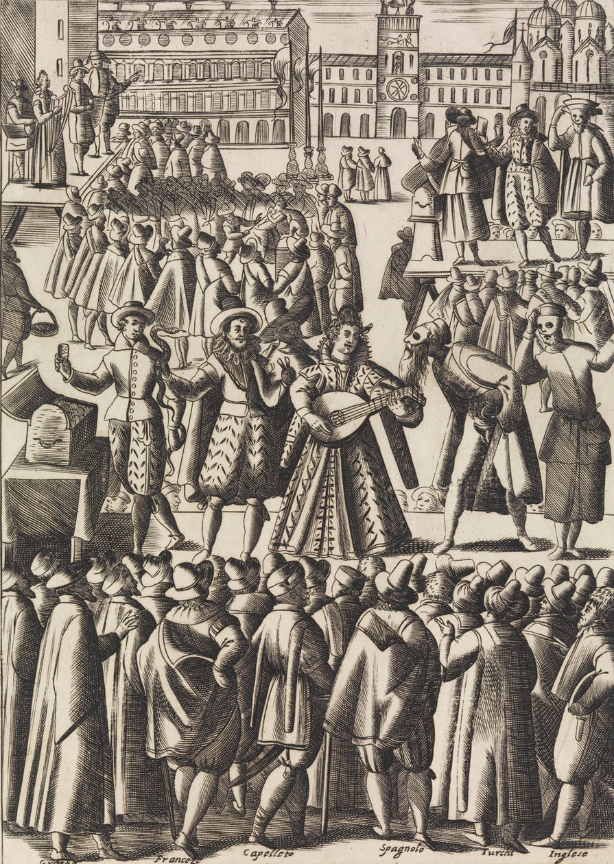 Intartenimento que dano ogni giorno li Ciarlatani en Piazza di S. Marco al Populo de Giacomo Franco