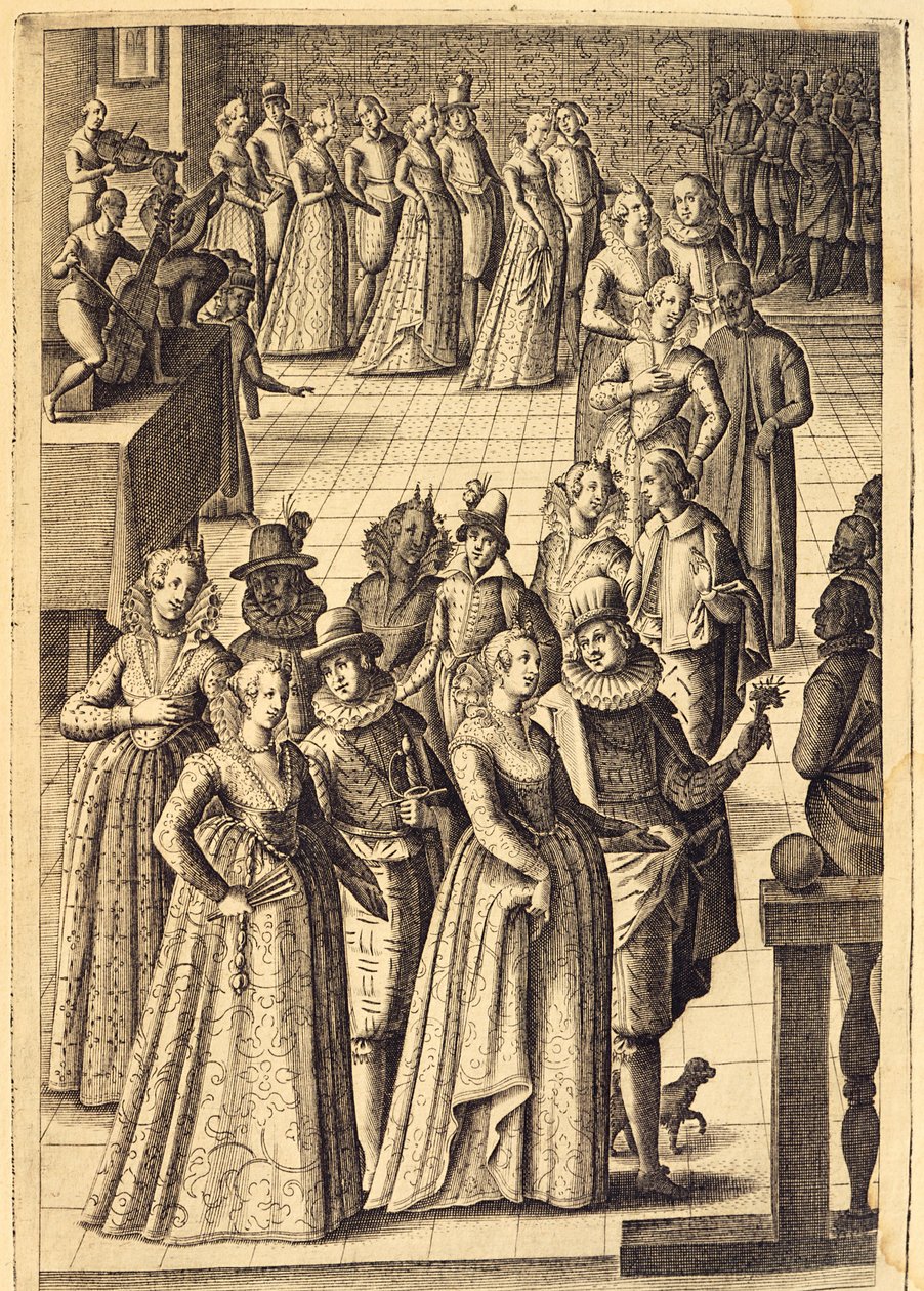 Nobles en una recepción, grabado de Giacomo Franco