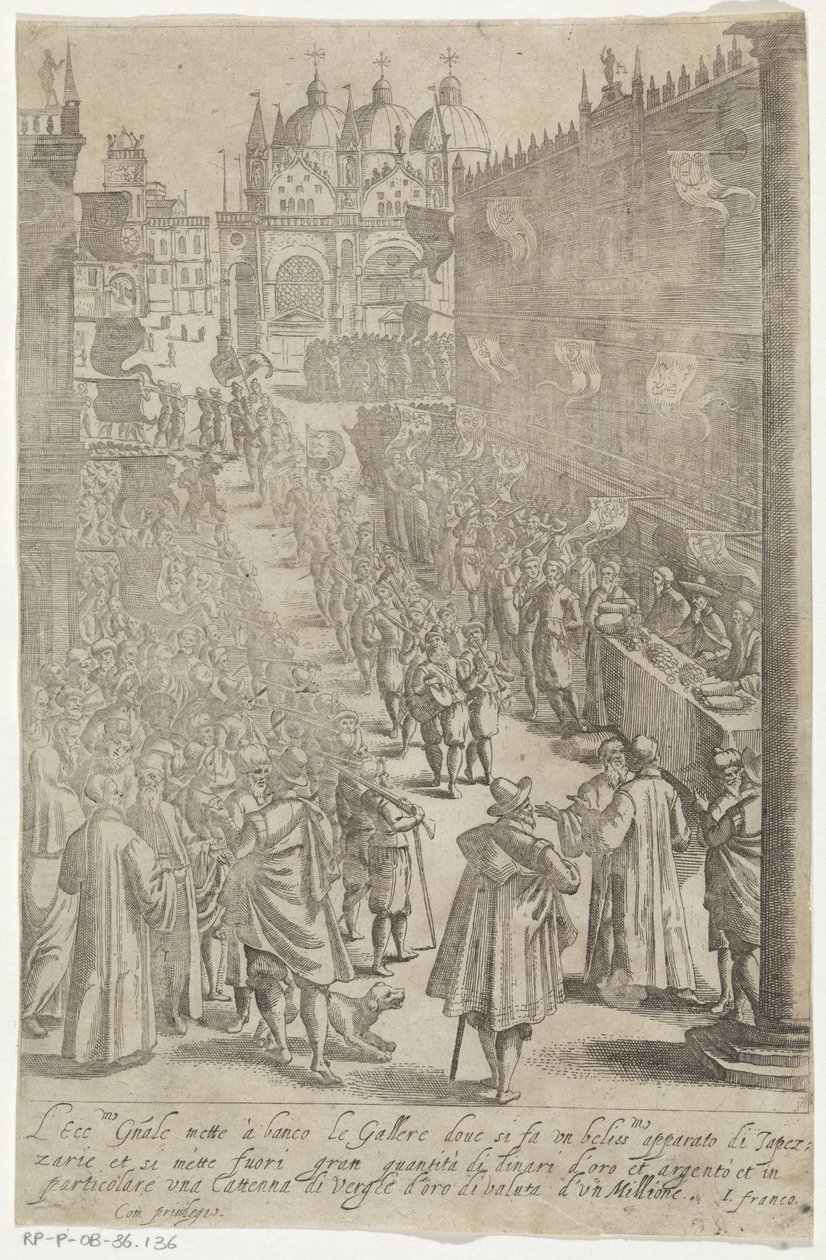 Optocht van muzikanten voor Dogepaleis Hábitos de hombres y mujeres venecianos con la procesión de la Ser.ma Signoria y otros detalles, es decir, triunfos, fiestas y ceremonias públicas de la noble ciudad de Venecia de Giacomo Franco