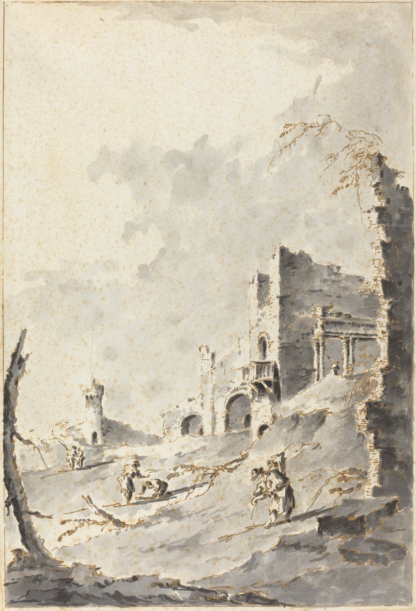 Capricho de ruinas clásicas con una fortaleza de Giacomo Guardi