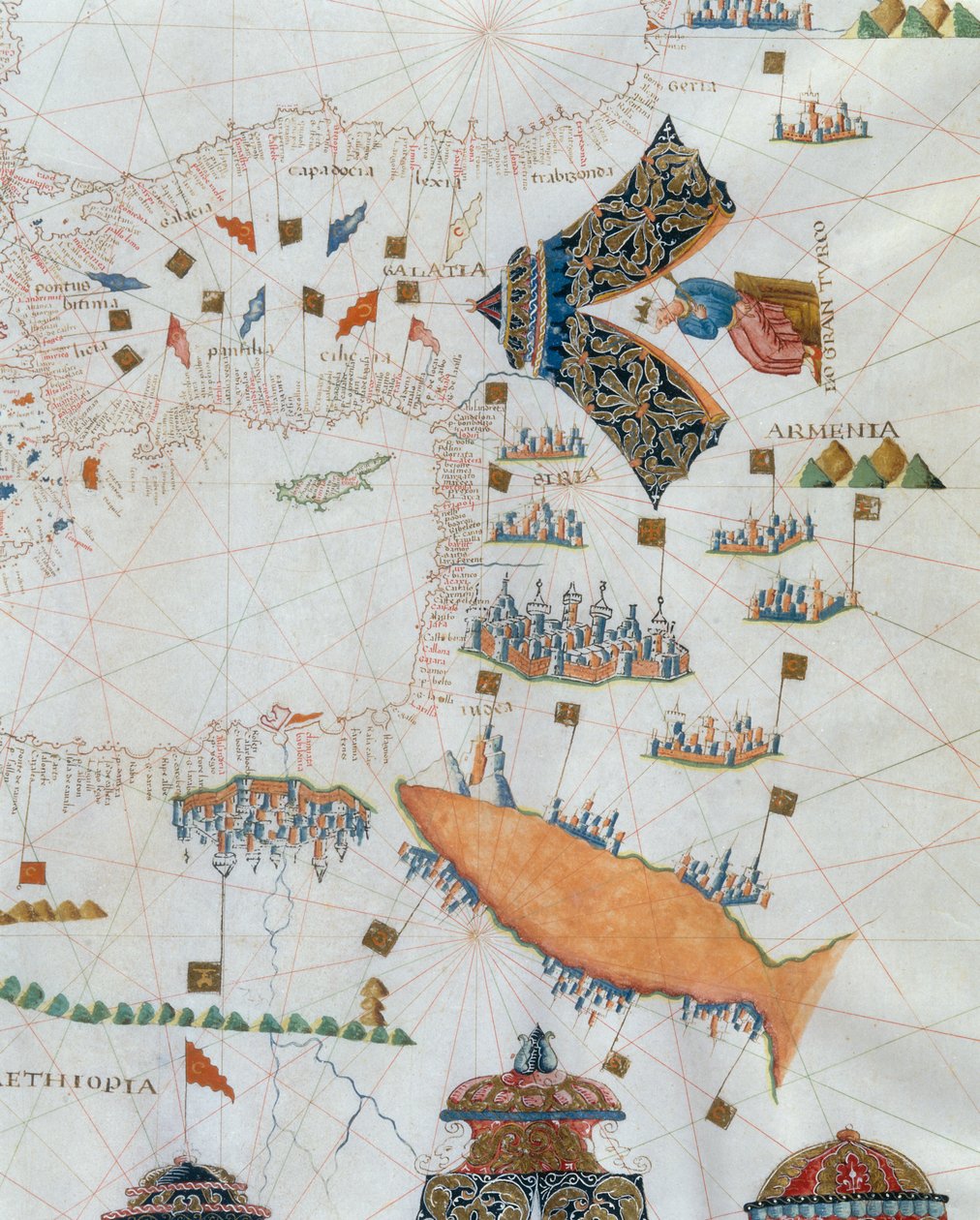 Mapa náutico, detalle del Gran Turco, 1564 de Giacomo Maggiolo