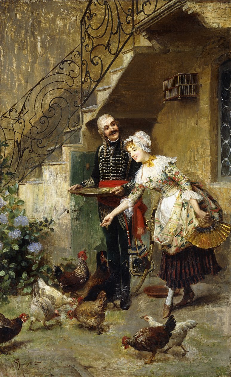 Una pareja elegante alimentando gallinas en un patio de Giacomo Mantegazza