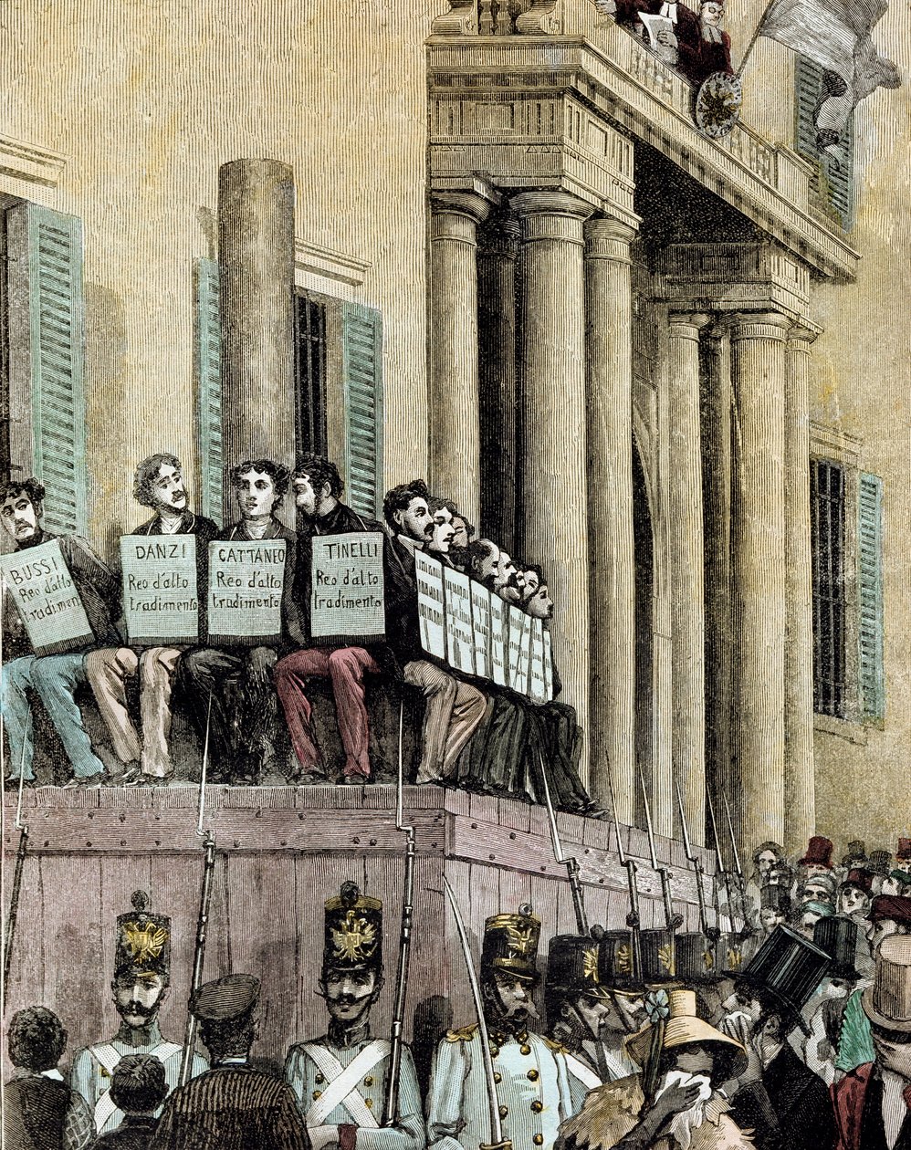 Risorgimento: miembros del movimiento Giovine Italia (incluyendo a Carlo Cattaneo (1801-1869), Tinelli, Danzi, Bussi) sentados frente al Palacio de Justicia en Milán, escuchando la sentencia que los condena al exilio en 1848. Litografía de Manteg de Giacomo Mantegazza