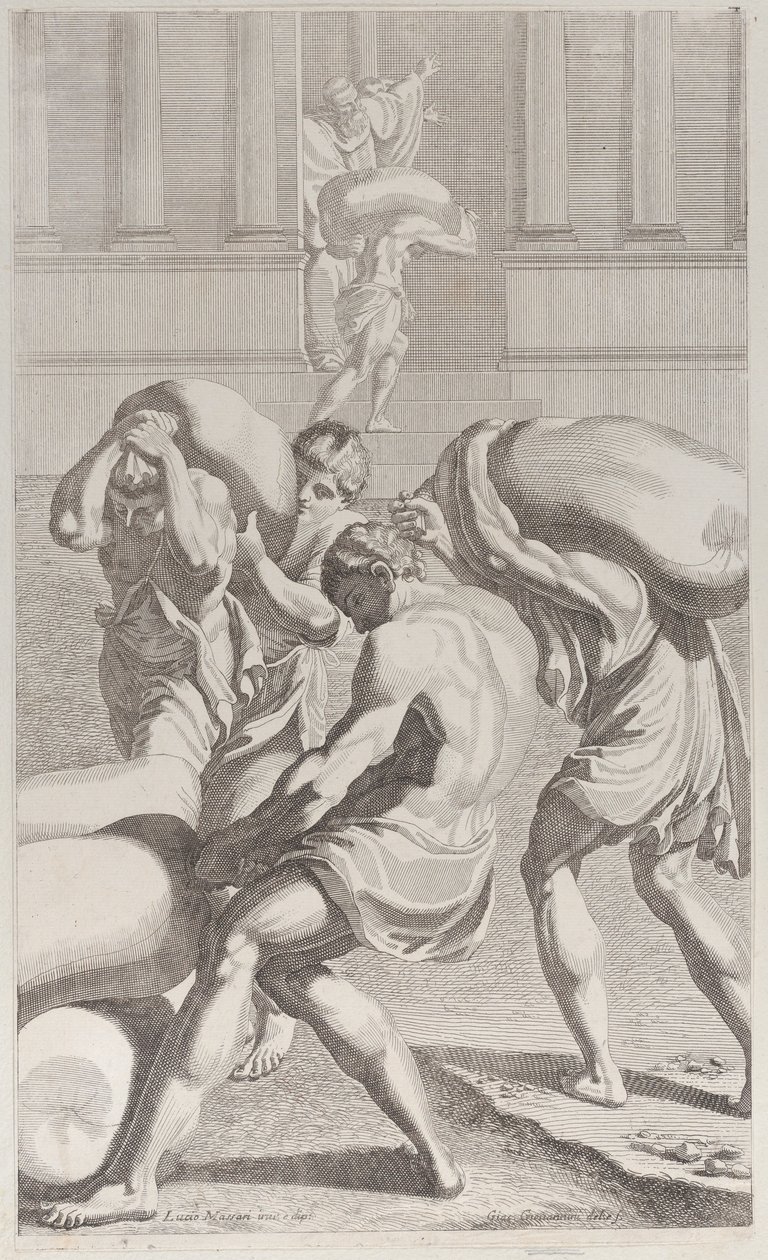 Hombres llevando sacos de plomo al monasterio de San Benito, 1687-1717 de Giacomo Maria Giovannini