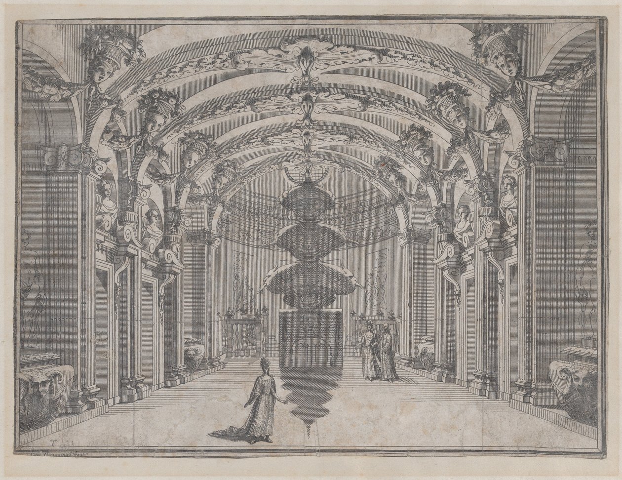 Escena teatral en un gran salón con techo abovedado y una escultura central, ca. 1687-1717 de Giacomo Maria Giovannini