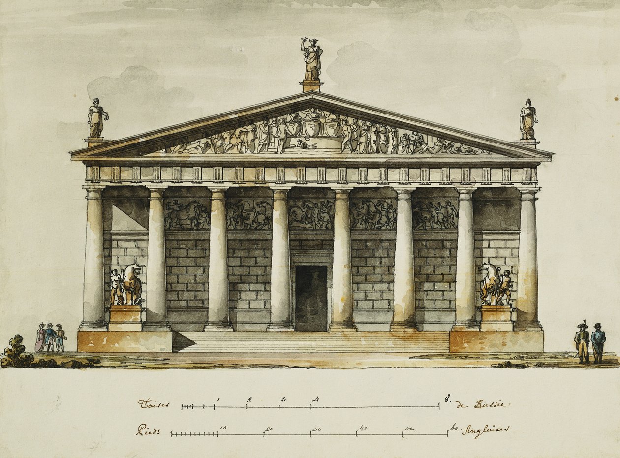 Diseños para la Escuela de Equitación de los Guardias a Caballo, San Petersburgo: Elevaciones, sección y plano de planta de Giacomo Quarenghi