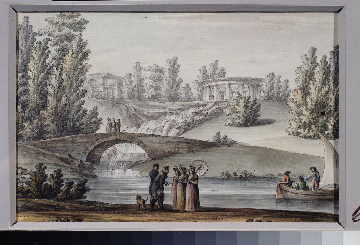 El Templo de Apolo y la cascada en el Parque Pavlovsk (San Petersburgo). Obra de Giacomo Antonio Domenico Quarenghi (1744-1817), tinta y acuarela sobre papel, hacia 1800. Arte italiano de Giacomo Quarenghi