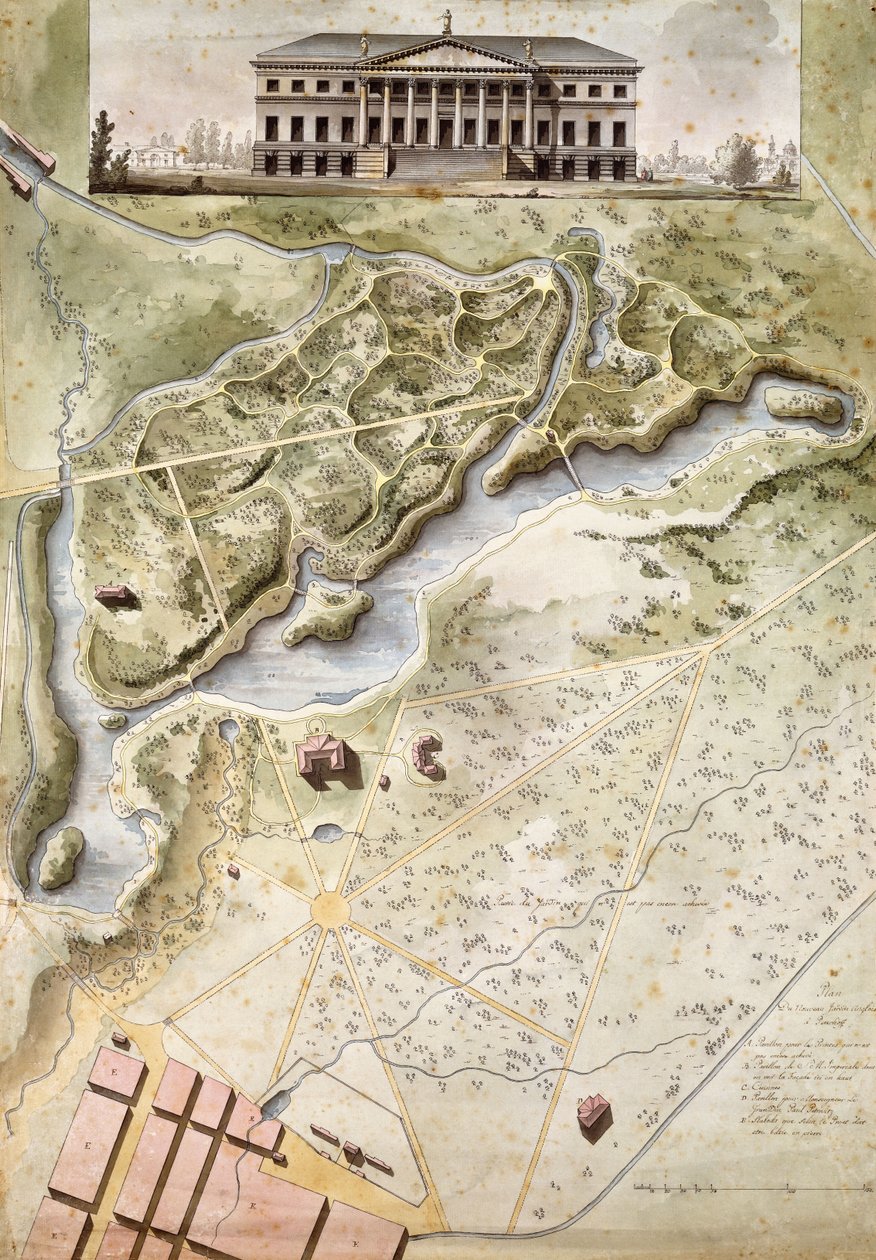 Peterhof, Rusia: Elevación del Palacio Inglés y Plano del Parque de Giacomo Quarenghi