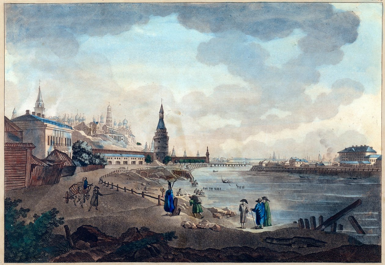 Vista del Kremlin de Moscú tomada desde el Puente de Piedra sobre el Moscova (Moskva o Moskwa). Obra de Giacomo Antonio Domenico Quarenghi (1744-1817), acuarela y tinta sobre papel, hacia 1790. Arte italiano de Giacomo Quarenghi