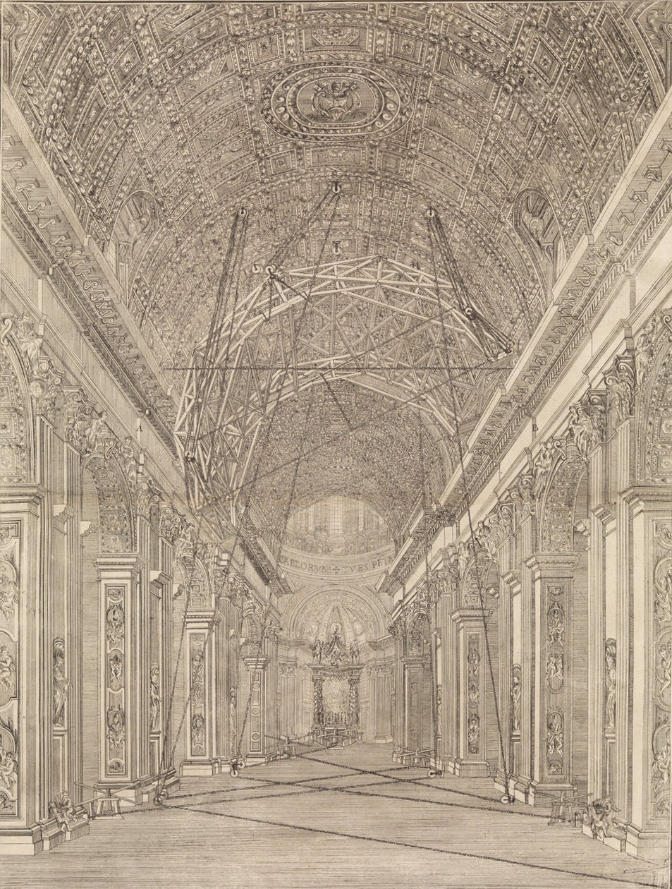 Andamios erigidos para la restauración de la bóveda en la Basílica de San Pedro: Vista general, ca. 1773 de Giacomo Sangermano