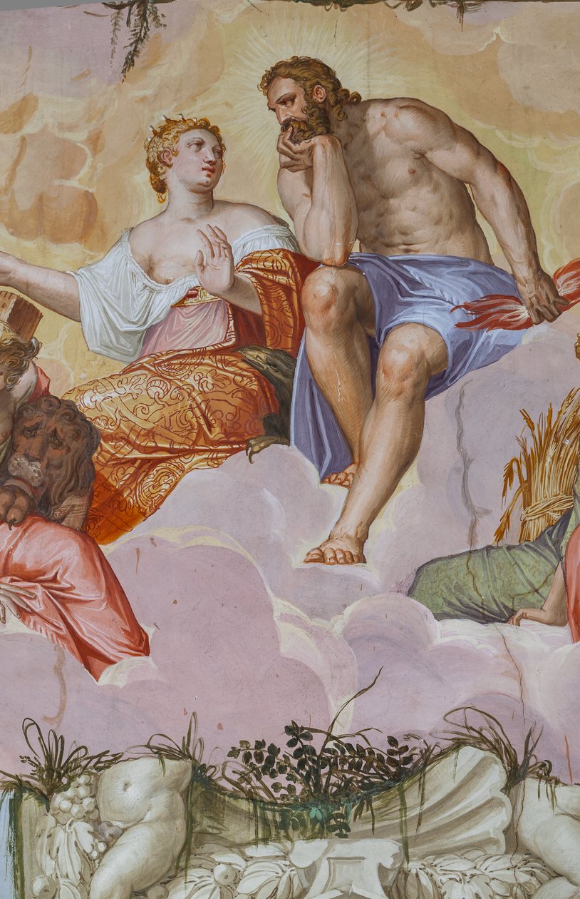 Juno y Júpiter tumbados en las nubes, sobre ruinas arquitectónicas, detalle de la Sala del Olimpo, c.1557 (fresco) de Giambattista Zelotti