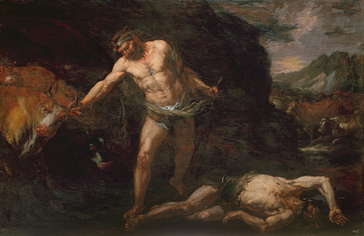 Hércules mata al gigante Caco y recupera el ganado de Gerión de Giambattista Langetti