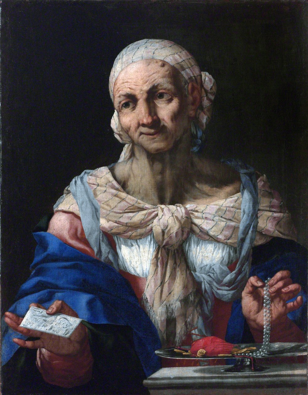 Mujer vieja con un collar de perlas y una carta (Vanitas) de Giambattista Langetti