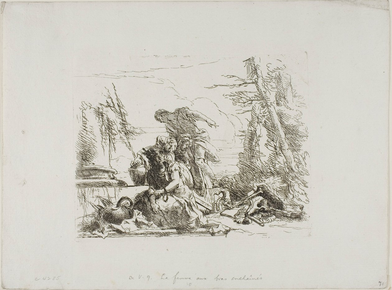 Una mujer con los brazos encadenados y otras cuatro figuras, de Capricci de Giambattista Tiepolo