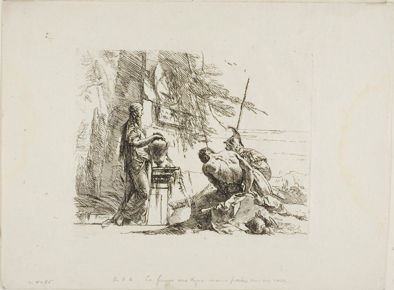 Una mujer con las manos en un jarrón, soldado y esclavo, de Capricci de Giambattista Tiepolo