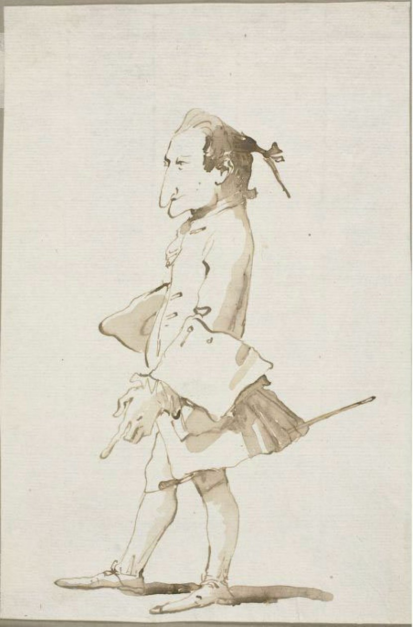 Caricatura de un hombre, de cuerpo entero, mirando a la izquierda de Giambattista Tiepolo